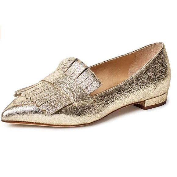 Shoes - XYD Gold Vintage Fringe Dress Pointy Toe Slip On Driver Loafers Low Heels Pump